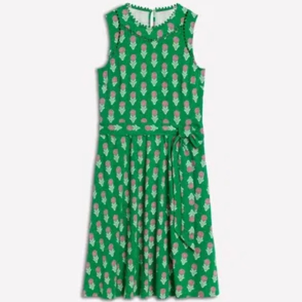 Boden Green Floral Tie-Waist Dress with Pink and White Motif